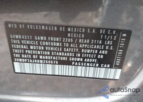 2013 Volkswagen Jetta 2.5L Se from USA, damaged, VIN 3VWDP7AJ9DM250575